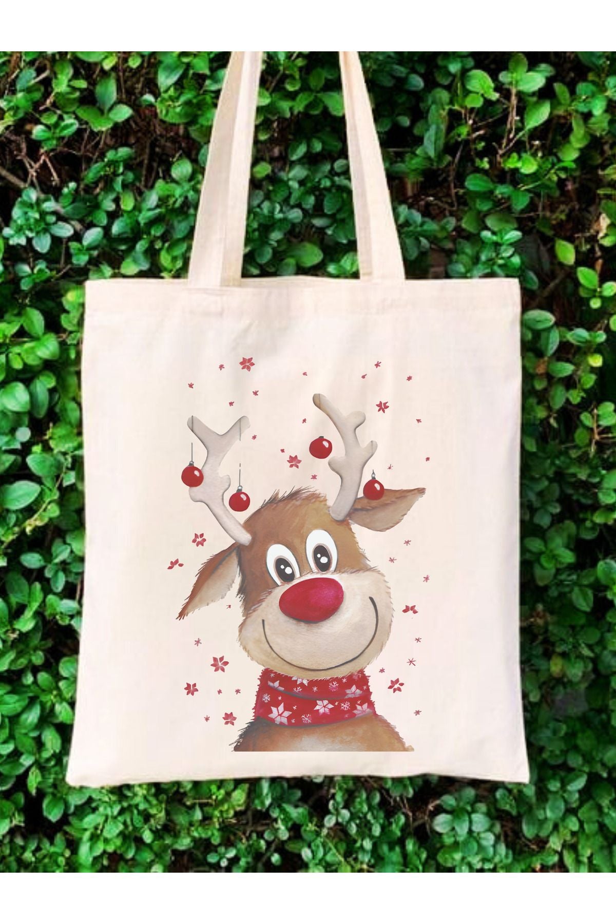 Kırmızı Burunlu Geyik Yılbaşı Ham Bez Çanta tasarımlı ham bez çanta minimalist pinterest modeli