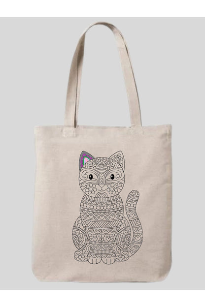 Mandala Kedi Boyama Çantası Hobi 35*40 cm Ham Bez Çanta Boyama