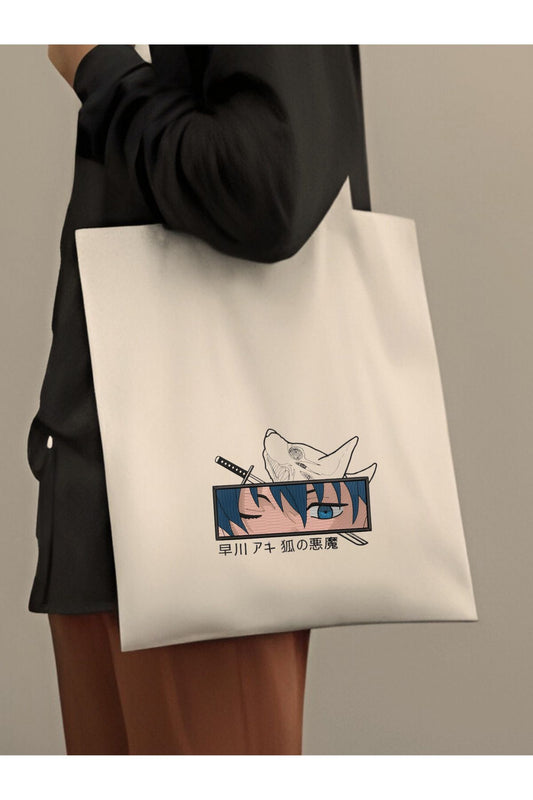 Chainsaw Man Anime Tasarım Tote Bag, Kalın, Bez Çanta, Omuz Çanta, Manga Çanta, Anime Çanta