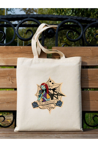 Nightmare Before Christmas Jack and Sally Tasarım Tote Bag Bez Çanta