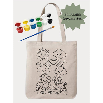 Boyama Seti Çiçekli Boyama Çantasi Anaokulu Çocuk Etkinlik Boyama krem kanvas çanta %100 pamuk 35x40 cm tote bag