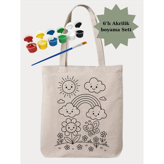 Boyama Seti Çiçekli Boyama Çantasi Anaokulu Çocuk Etkinlik Boyama krem kanvas çanta %100 pamuk 35x40 cm tote bag