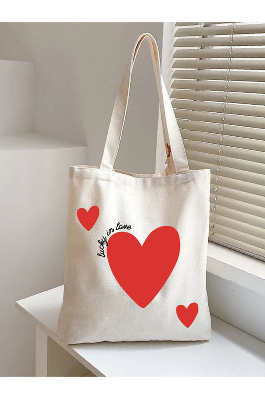 Lucky in Love Krem Kanvas Çanta – 35x40 cm