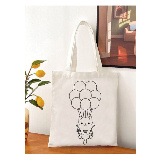 Balonlu Kedi Boyama Çantasi Anaokulu Çocuk Etkinlik Boyama krem kanvas çanta %100 pamuk 35x40 cm tote bag