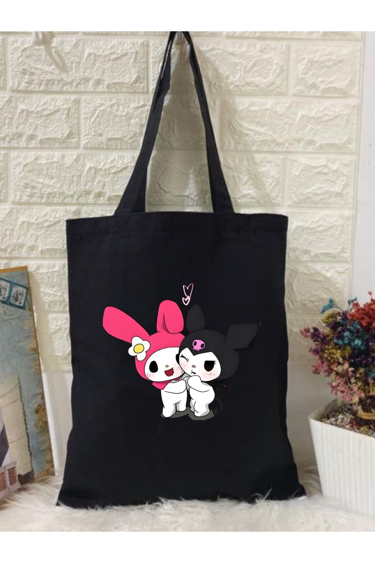 Kuromi ve Melody Tote bag, Bez Çanta, Siyah Kanvas, Kitap Çantası, Okul Çantası
