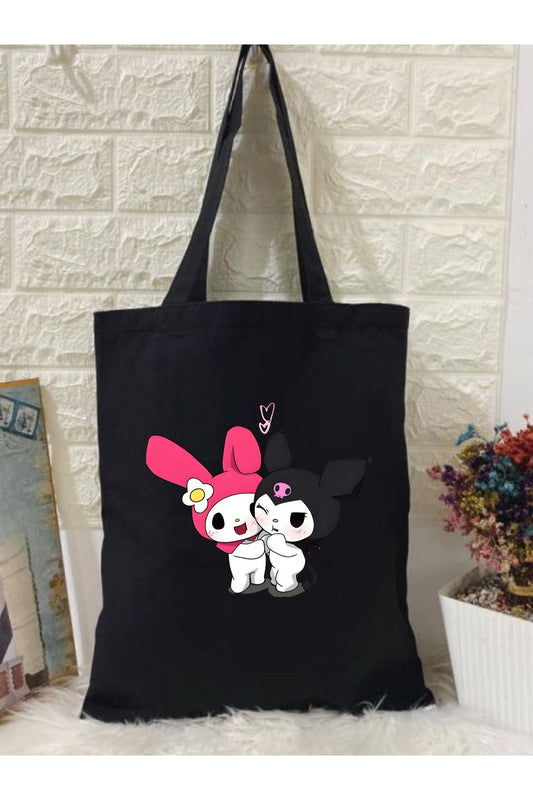 Kuromi ve Melody Tote bag, Bez Çanta, Siyah Kanvas, Kitap Çantası, Okul Çantası