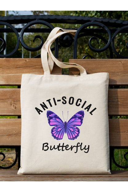 Anti Social Butterfly Tasarım Tote Bag Bez Çanta
