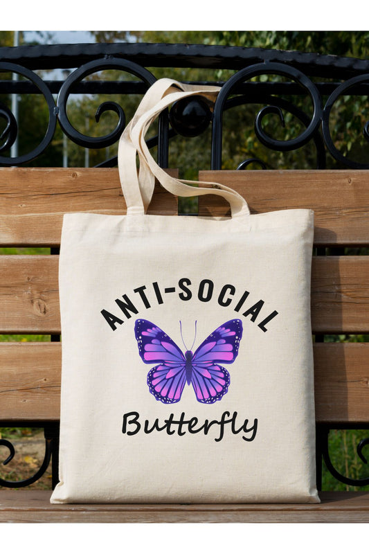 Anti Social Butterfly Tasarım Tote Bag Bez Çanta