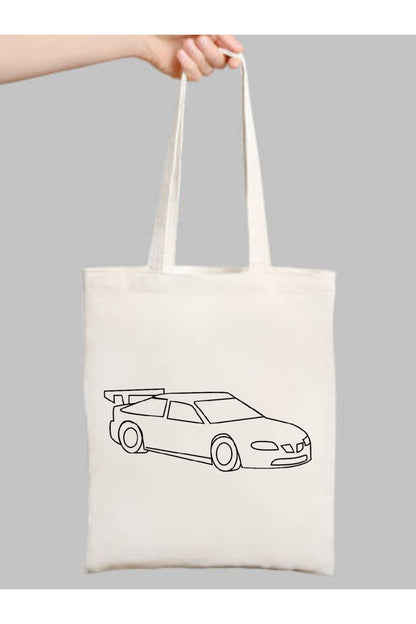Arabalı Çocuk Boyama Çantası, Anaokulu Boyama Bez Çanta Tote Bag