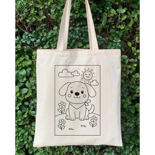 Köpekli Boyama Çantasi Anaokulu Çocuk Etkinlik Boyama krem kanvas çanta %100 pamuk 35x40 cm tote bag