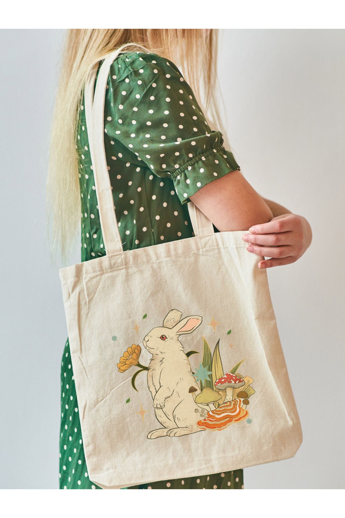 Rabbit And Mushroom, Tavşan ve Mantar Tasarım Tote Bag, Bez Çanta
