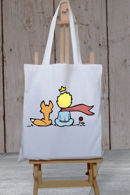 Le Petit Prince Küçük Prens Tasarımlı Kalın Su Geçirmez Bez Tote Bag Kanvas Omuz Çantası