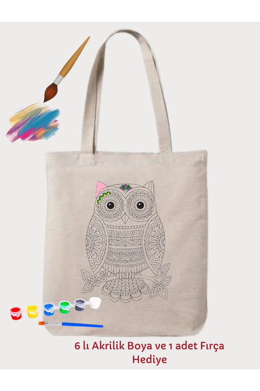 Mandala Baykus Boyama Çantasi krem kanvas çanta %100 pamuk 35x40 cm tote bag