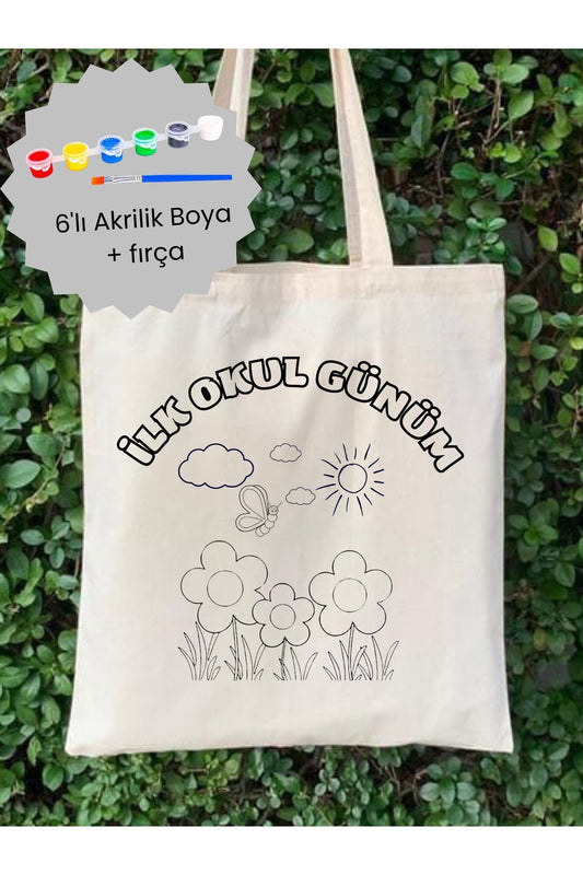 Ilk Okul Günü Boyama Çantasi krem kanvas çanta %100 pamuk 35x40 cm tote bag