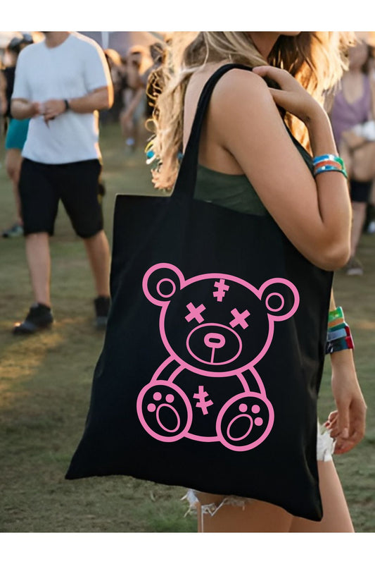 Teddy Bear Y2k Tote Bag, Kalın Siyah Bez Çanta, Shopper Bag, Kanvas Çanta, Pinterest Çanta