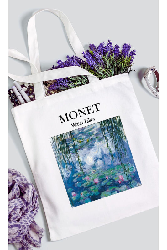 Monet - Zambaklar Baskılı Beyaz Kalın Su Geçirmez Kanvas Omuz Çantası Tote Bag