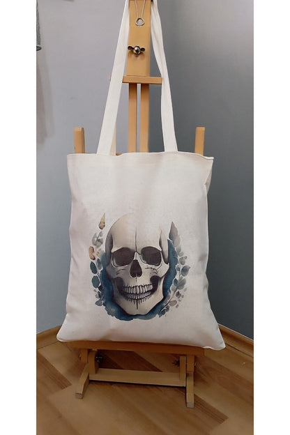 Skull Black Unique Art, Kurukafa Tasarım Tote Bag Bez Çanta