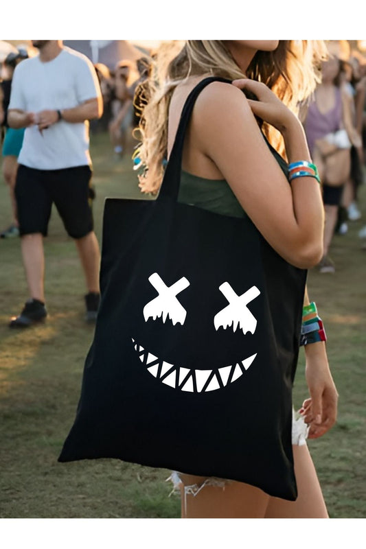 Alice in Wonderland Cheshire Siyah Kalın Kanvas Y2K Bez Çanta, Omuz Çanta, Tote Bag