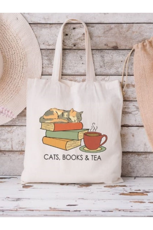 Cats, books and Tea Tasarım Ham Bez Tote Bag Çanta