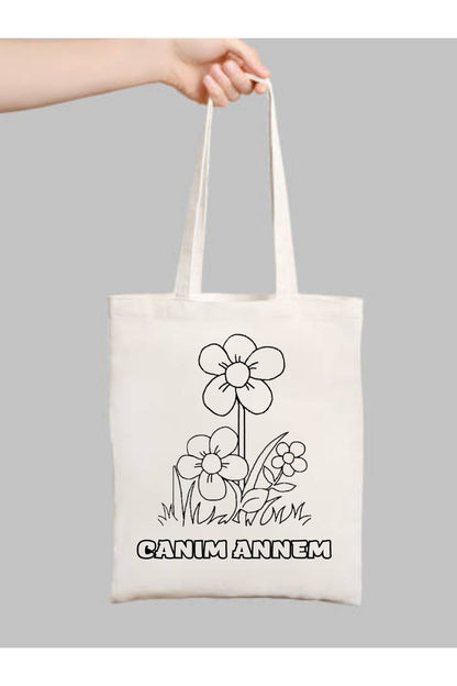 Anneler Günü, Çiçekli Anne Hediye Boyama Çantası Tote Bag, Bez Çanta