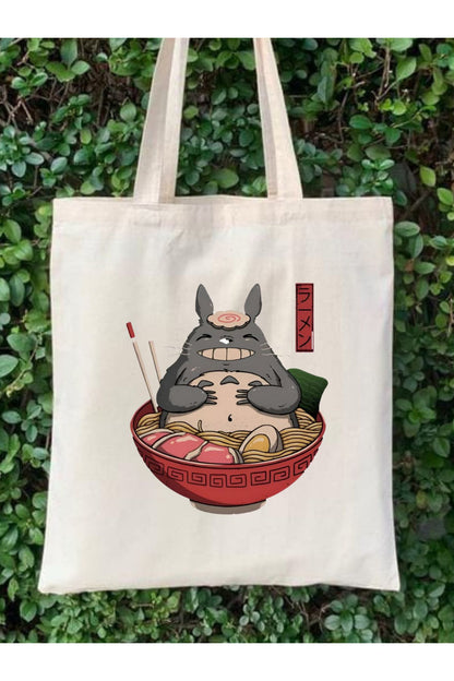 Totoros Ramen Tasarım Ham Bez Tote Bag Çanta