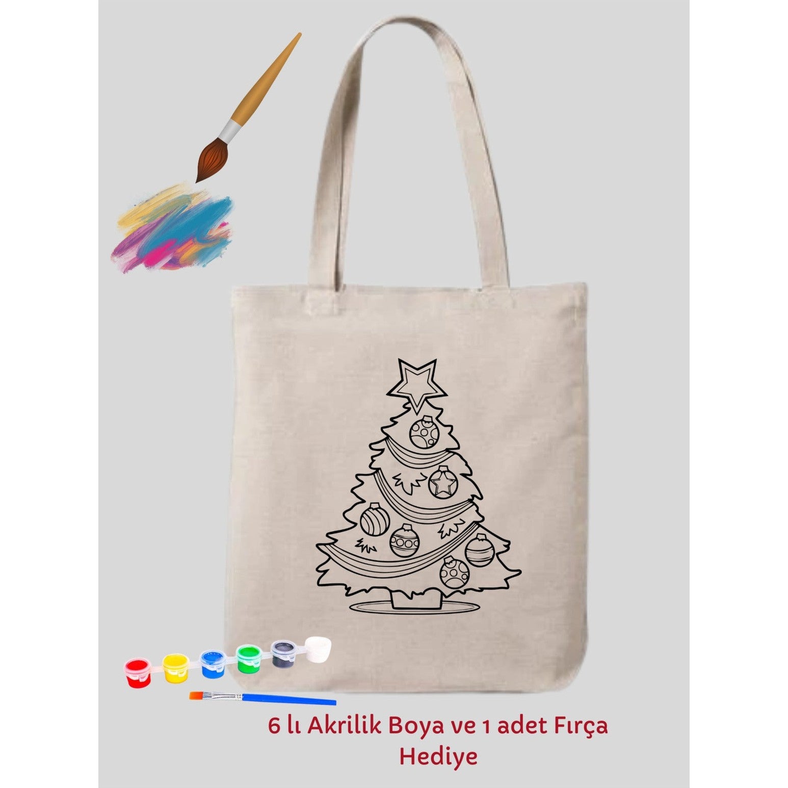 Yilbasi Agaci Tasarim Sinirli Boyama Çantasi Hobi Yeni Yil krem kanvas çanta %100 pamuk 35x40 cm tote bag