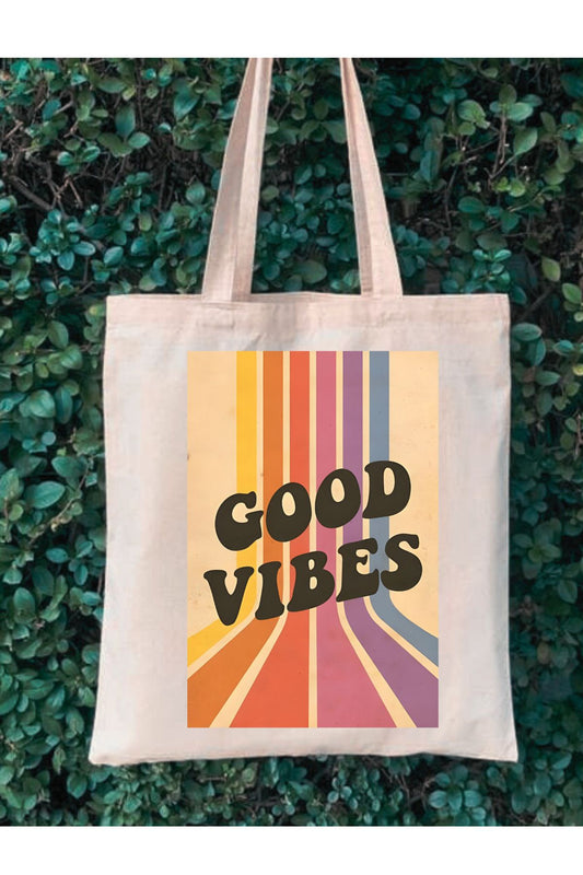 Rainbow Retro Good Vibes  Retro Vintage Tote Bag Bez Çanta