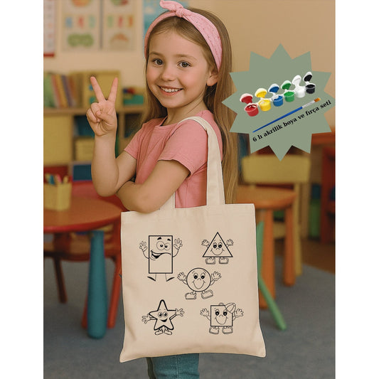Boyama Seti Sekiller Boyama Çantasi Anaokulu Çocuk Etkinlik Boyama krem kanvas çanta %100 pamuk 35x40 cm tote bag