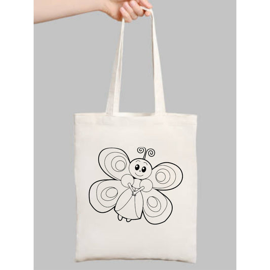 Kelebekli Çocuk Boyama Çantasi krem kanvas çanta %100 pamuk 35x40 cm tote bag