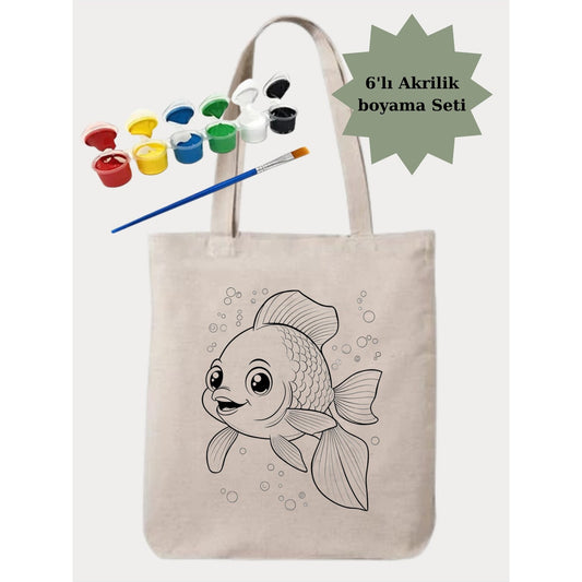 Boyama Seti Balik Boyama ÇantasiAnaokulu Çocuk Etkinlik Boyama krem kanvas çanta %100 pamuk 35x40 cm tote bag