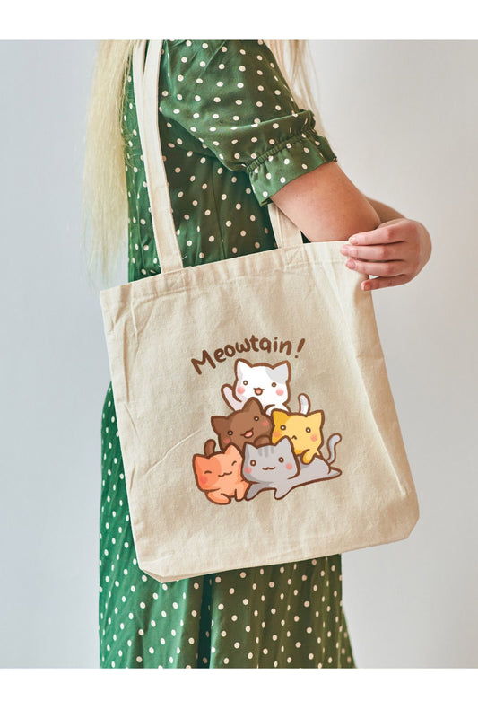 Meowtain Kedi Tasarım Meow Cat Ham Bez Tote Bag, Bez Çanta