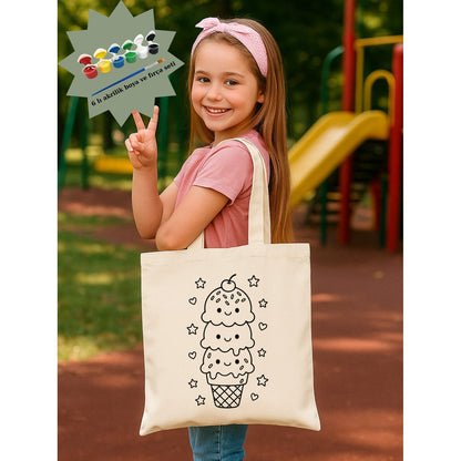 Dondurma Boyama Çantasi Anaokulu Çocuk Etkinlik Boyama krem kanvas çanta %100 pamuk 35x40 cm tote bag