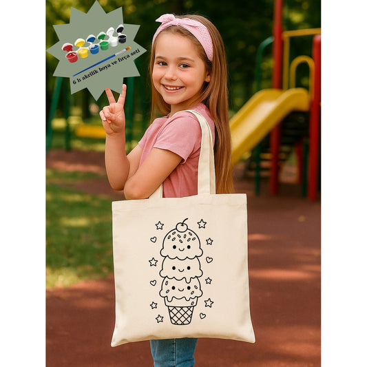 Dondurma Boyama Çantasi Anaokulu Çocuk Etkinlik Boyama krem kanvas çanta %100 pamuk 35x40 cm tote bag