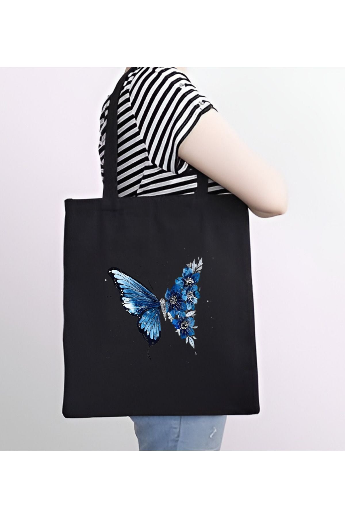 Siyah Kanvas Butterfly Kelebek Tote Bag Bez Çanta, Kanvas Çant, Shopper Bag