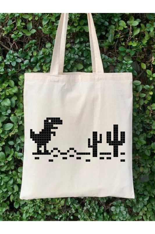 T-rex Game Pixel Tasarım Tote Bag Bez Çanta