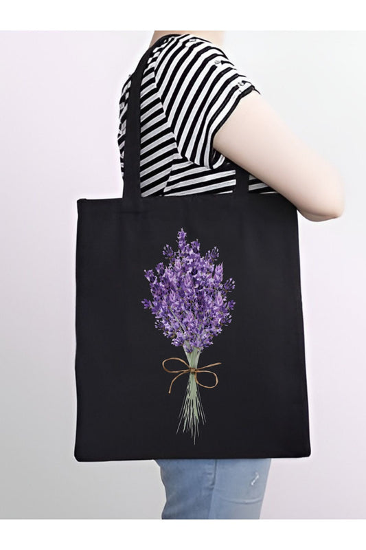 Siyah Kanvas Kalın Lavanta Tasarım Lavender, Tote Bag, Bez Çanta, Kanvas Çanta, Shopper Bag
