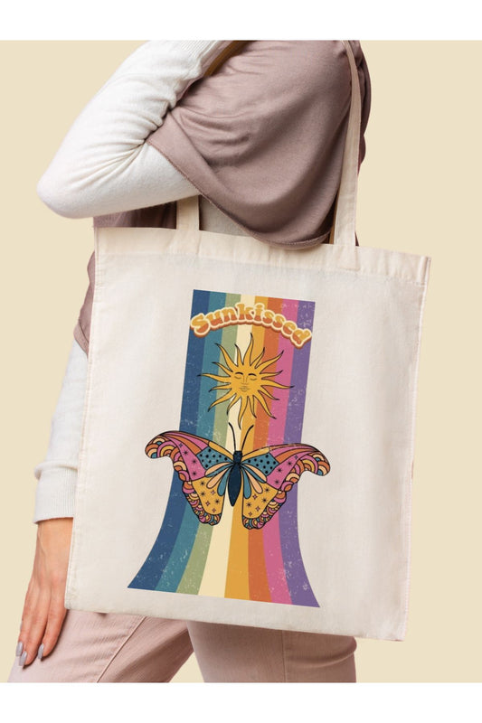 Sunkissed Kelebekli Tasarım Güneş Ham Bez Tote Bag Bez Çanta