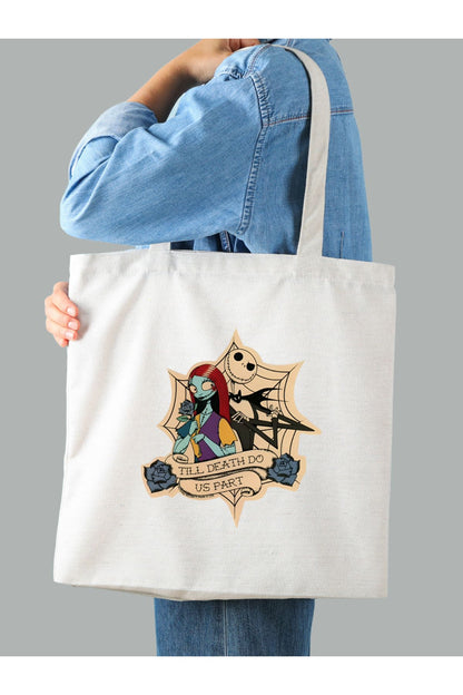 Nightmare Before Christmas Jack and Sally Tasarım Tote Bag Bez Çanta