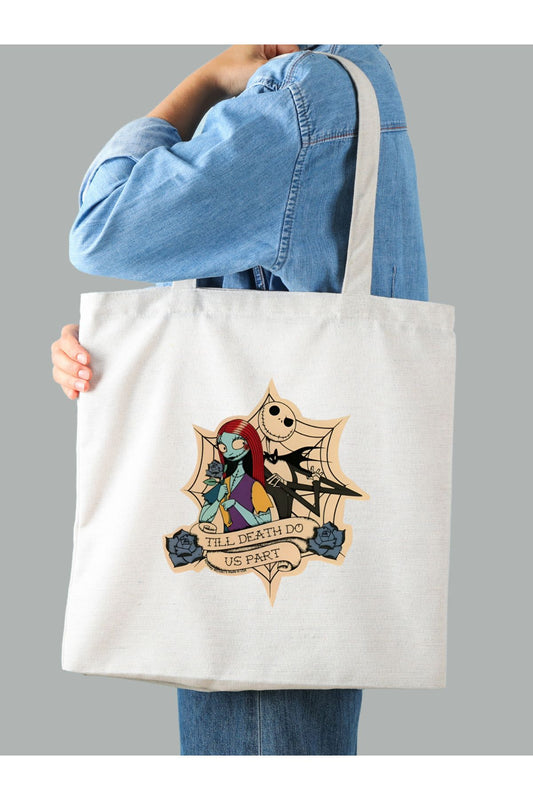 Nightmare Before Christmas Jack and Sally Tasarım Tote Bag Bez Çanta