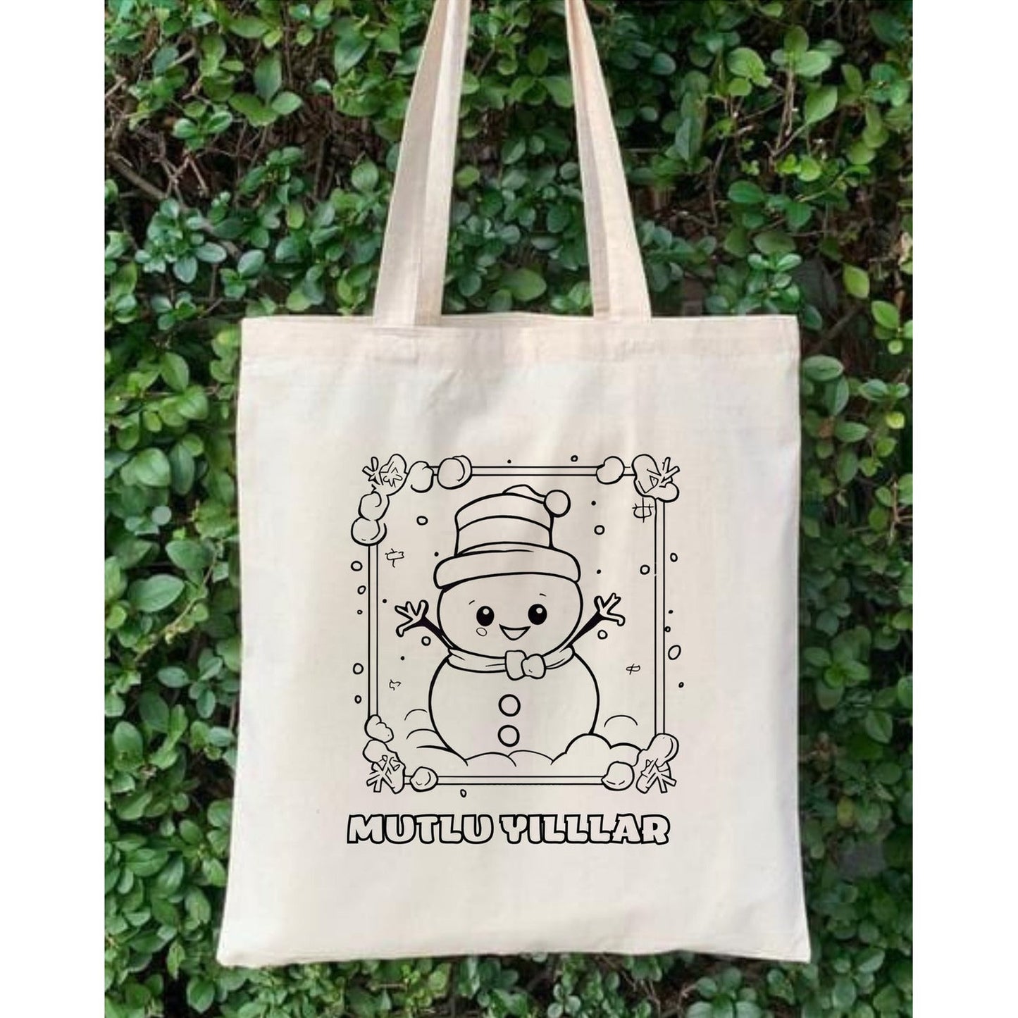 Yilbasi Hediye Boyama Çantasi Kardanadam krem kanvas çanta %100 pamuk 35x40 cm tote bag