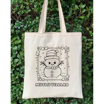 Yilbasi Hediye Boyama Çantasi Kardanadam krem kanvas çanta %100 pamuk 35x40 cm tote bag