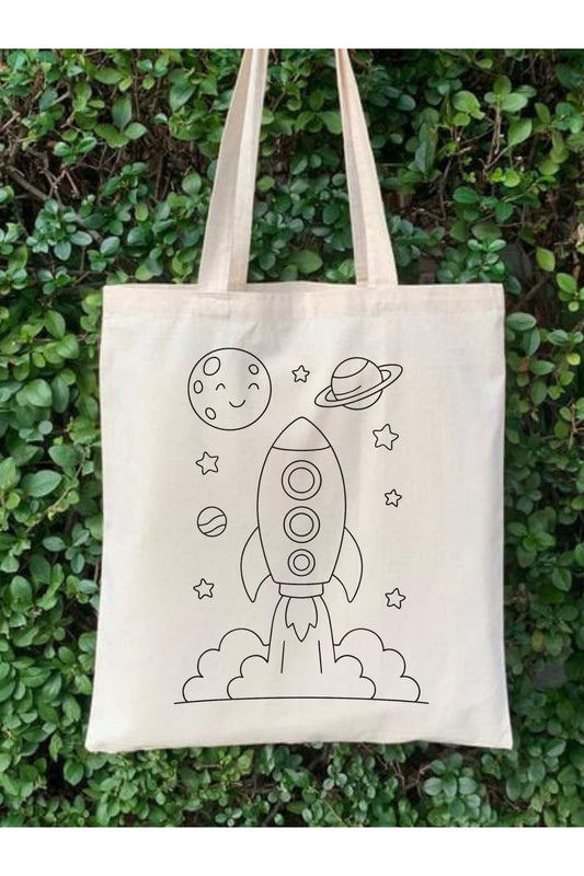 Roket Erkek Çocuk Boyama Çantasi Anaokulu Çocuk Etkinlik Boyama krem kanvas çanta %100 pamuk 35x40 cm tote bag