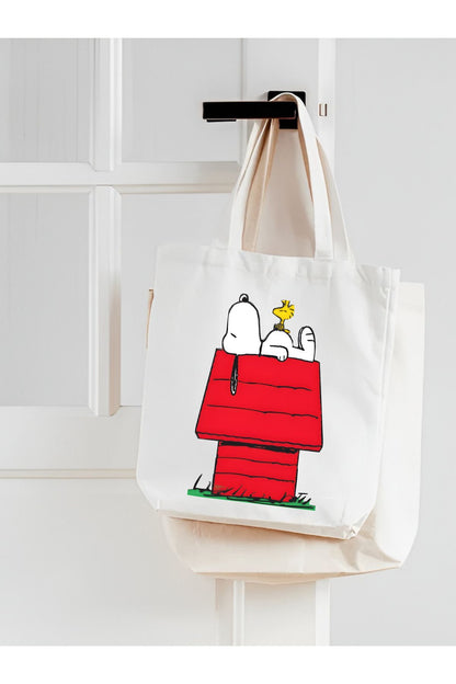 Snoopy Tasarım Kalım Kanvas, Rips Bez Çanta, Omuz Çantası, Kalın Tote Bag