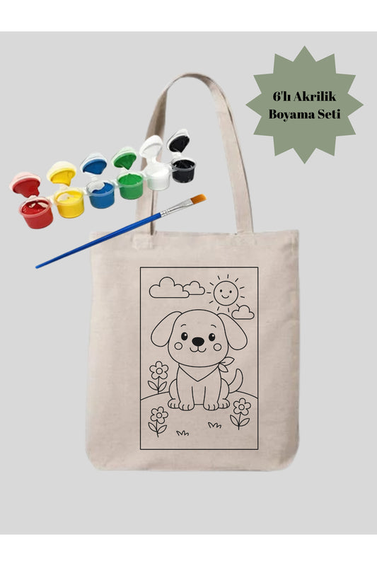 Boyama Seti Köpekli Boyama Çantasi Anaokulu Çocuk Etkinlik Boyama krem kanvas çanta %100 pamuk 35x40 cm tote bag