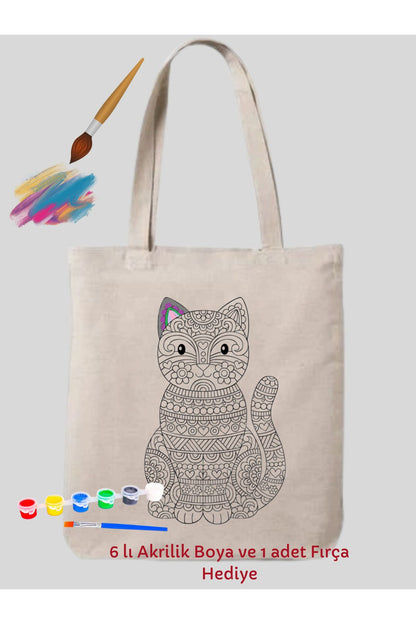 Mandala Kedi Boyama Çantası Hobi 35*40 cm Ham Bez Çanta Boyama