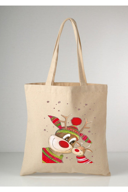 Geyik Ve Yavrusu Yeniyıl Yılbaşı Tote Bag Bez Çanta