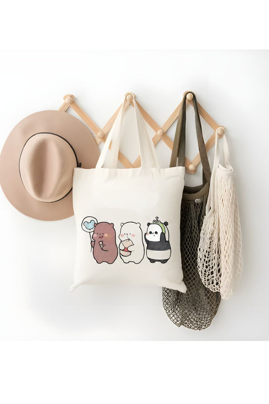 We Bare Bears, Kafadar Ayılar 3 Yakın Dost Baskılı Ham Bez Canta Tote Bag, Bez Çanta