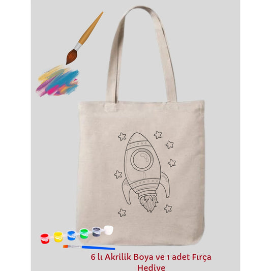 Mandala Uzay Gemisi Füze Tasarim Sinirli Boyama Çantasi Hobi 35*40 cm krem kanvas çanta %100 pamuk 35x40 cm tote bag