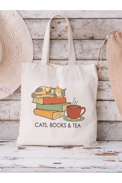 Cats, books and Tea Tasarım Kedi Çanta ve Çay Tasarım Ham Bez Tote Bag Bez Çanta