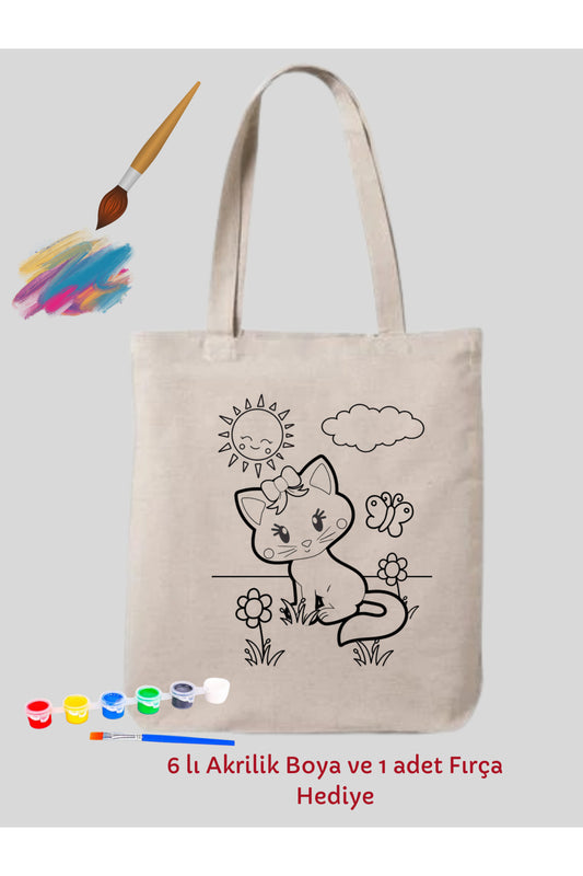 Kedi Tasarim Sinirli Boyama ÇantasiHobi Mandala 35*40 cm krem kanvas çanta %100 pamuk 35x40 cm tote bag
